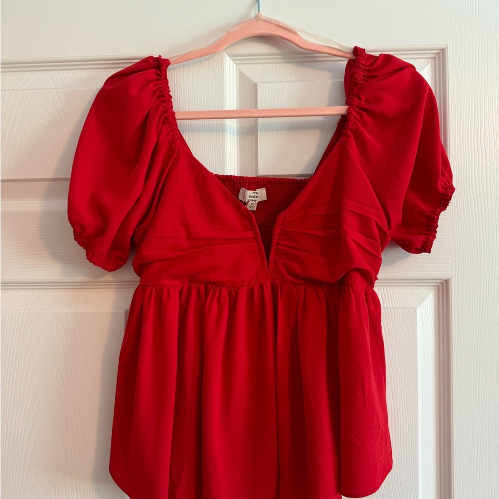 Entro Red Puff Sleeve Ruched Blouse